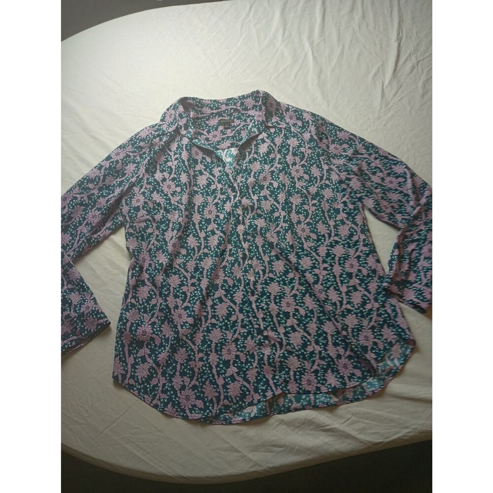 Ann Taylor Floral Button Up Blouse Shirt‎ Women Purple Blue V Neck Collar XL